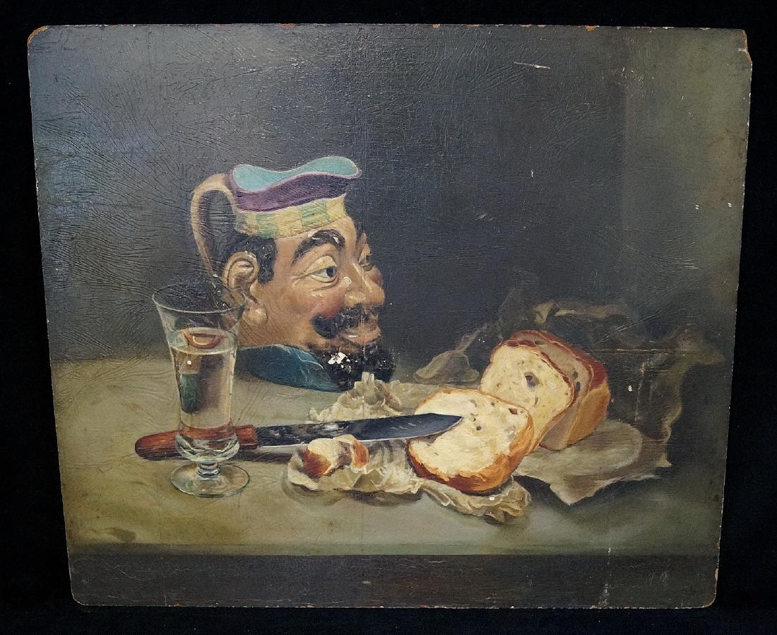 OIL ON MASONITE STILL LIFE W/ BREAD & TOBY MUG" (1 of 8)