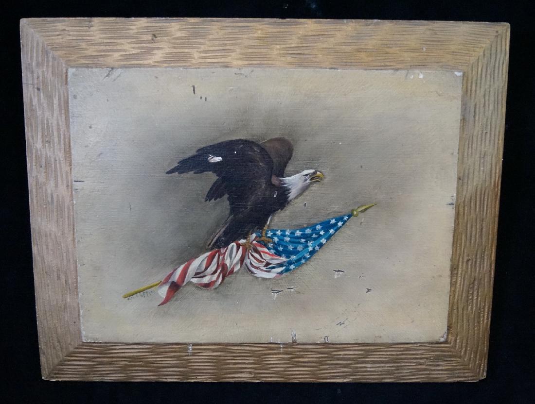 COFFIN SGN. OIL ON WOOD EAGLE WITH U.S. FLAG;: COFFIN SGN. OIL ON WOOD EAGLE WITH U.S. FLAG; INSCRIPTION AT BACK 11X15"
