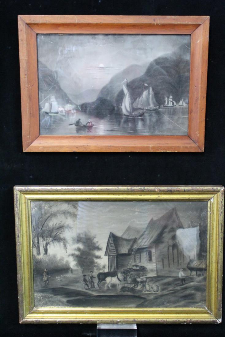 2 19TH C. FOLK ART SAND PAINTINGS "HUDSON RIVER SCENE" (1 of 7)