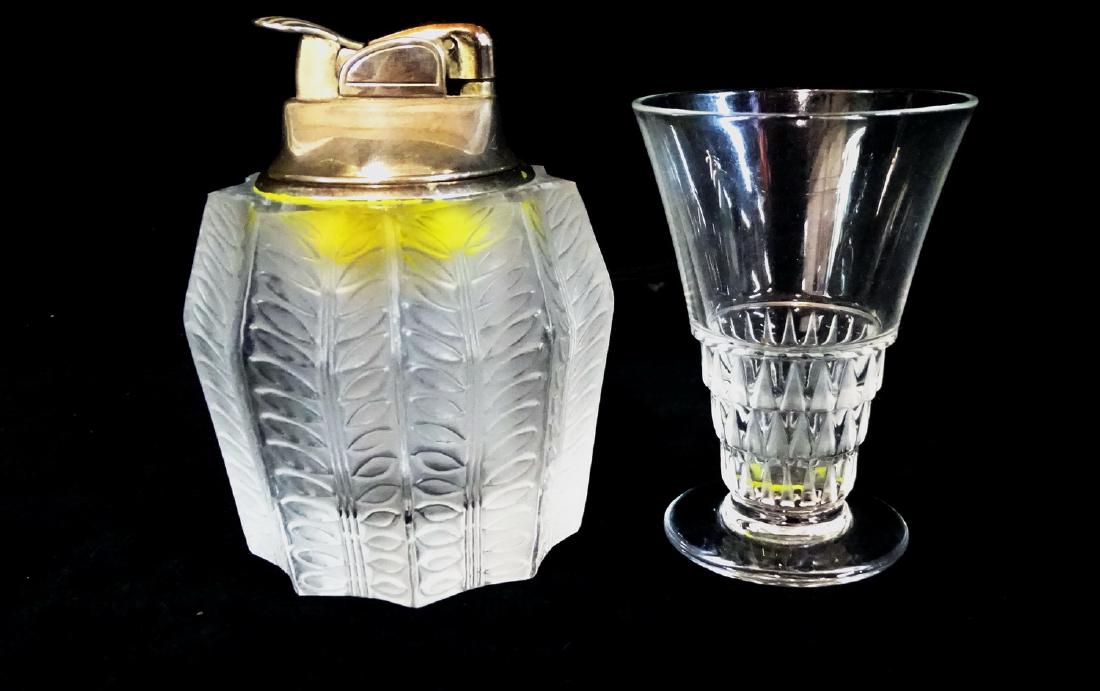 LALIQUE FRANCE SGN SHOT GLASS & LIGHTER: LALIQUE FRANCE SGN SHOT GLASS & LIGHTER
