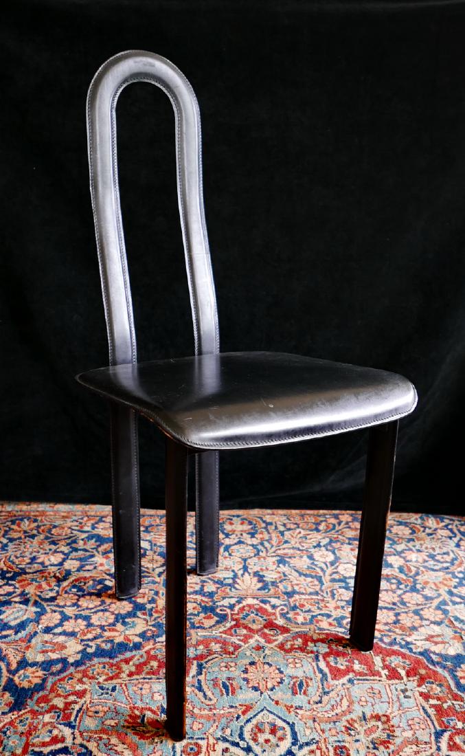 MID CENTURY LEATHER & METAL HIGH BACK CHAIR: MID CENTURY LEATHER & METAL HIGH BACK CHAIR 39.5"H 17"W 17"D (GEOFFREY BEENE FOUNDATION)