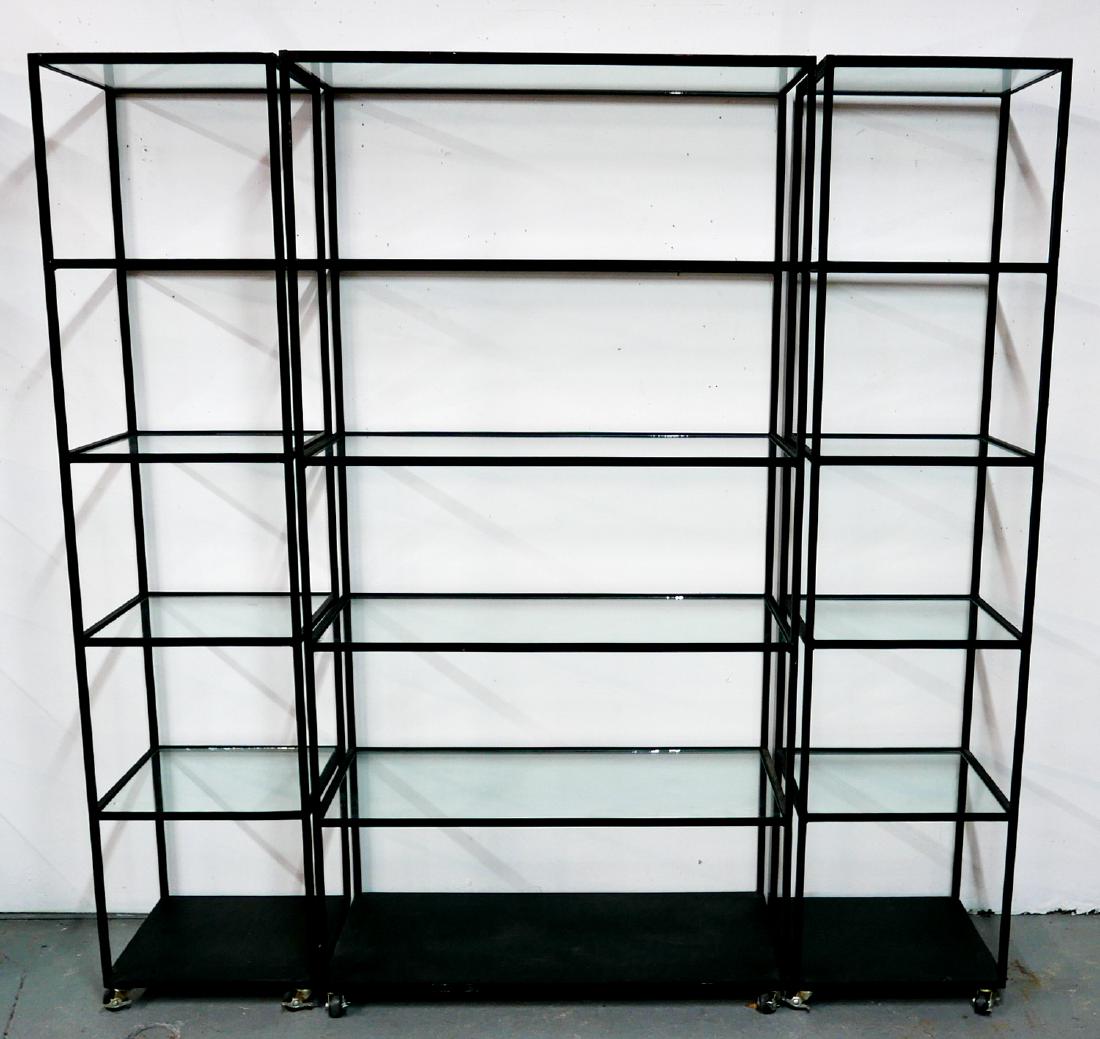 3 STEEL & GLASS ETAGERES: 3 STEEL & GLASS ETAGERES 77"H 39"W 17"D & 77"H 18"W 16"D (GEOFFREY BEENE FOUNDATION)