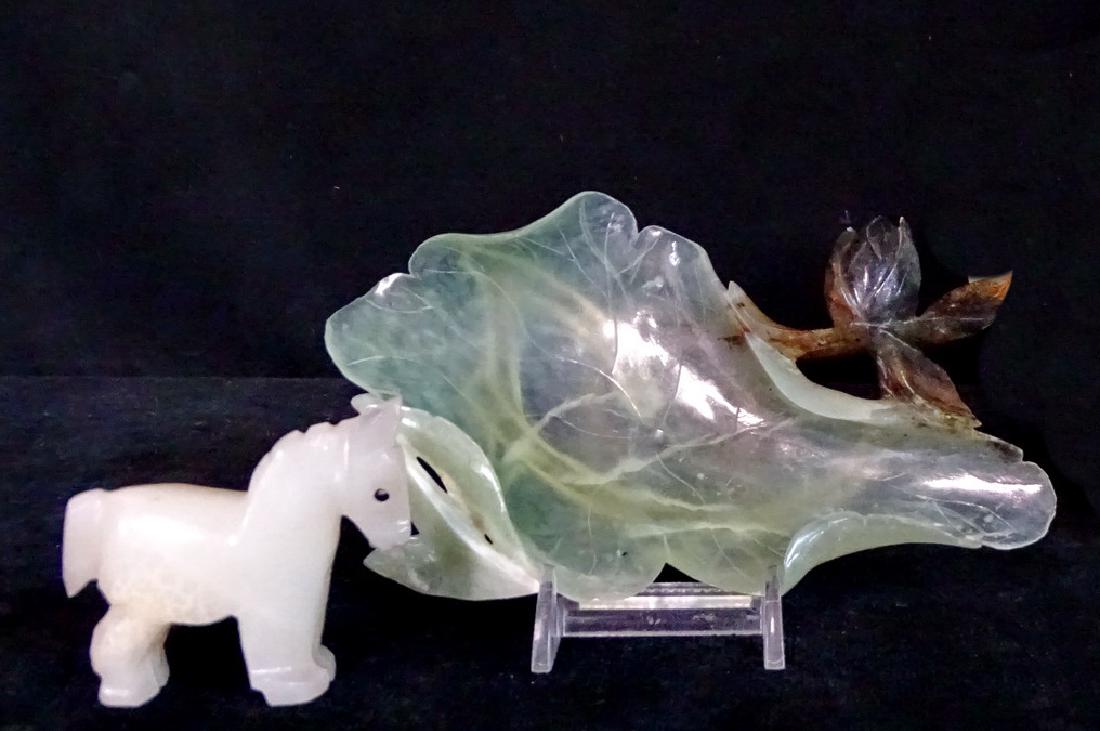 JADE DISH, MINIATURE HORSE & INCENSE BURNER: JADE DISH, MINIATURE HORSE & INCENSE BURNER 5"H