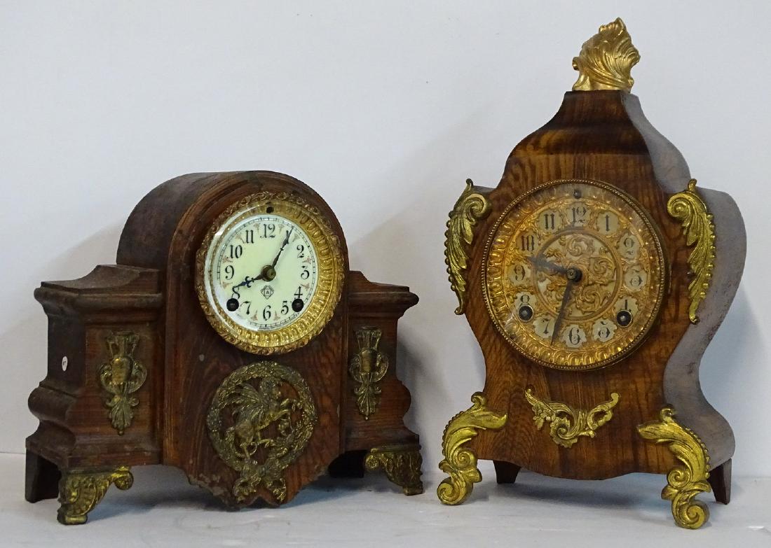 2 ANSONIA METAL FAUX WOOD GRAINED MANTLE CLOCKS WITH (1 of 2)