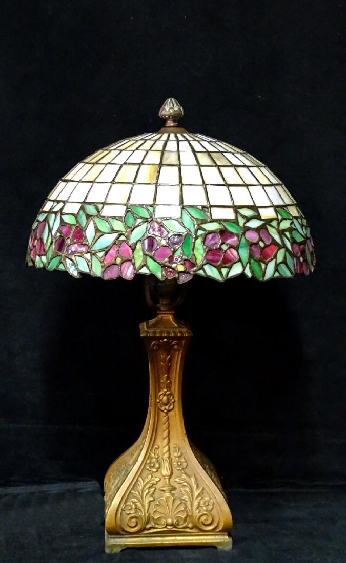 LEADED GLASS TABLE LAMP WITH FLORAL BORDER (1 of 3)