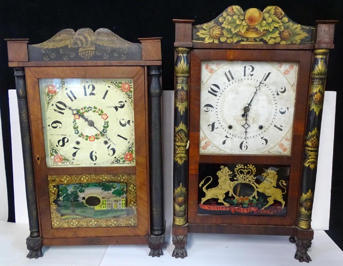2 WEIGHT DRIVEN SHELF  CLOCKS W/PAINT DECORATED COLUMNS (1 of 15)