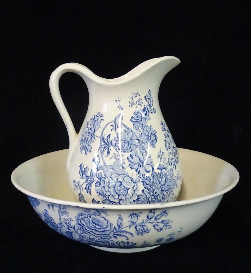 BLUE & WHITE IRONSTONE PITCHER & BOWL (1 of 3)