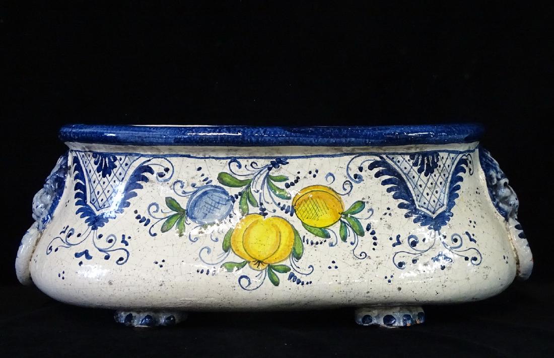ITALIAN TERRACOTTA BLUE & WHITE DECORATED OVAL BASIN (1 of 7)