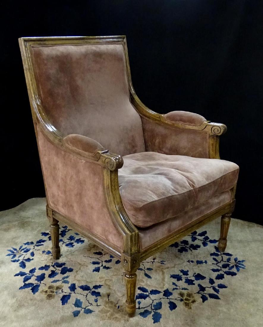 LOUIS XVI STYLE SUEDE UPHOLSTERED BERGERE: LOUIS XVI STYLE SUEDE UPHOLSTERED BERGERE 38"H 26"W 27"D