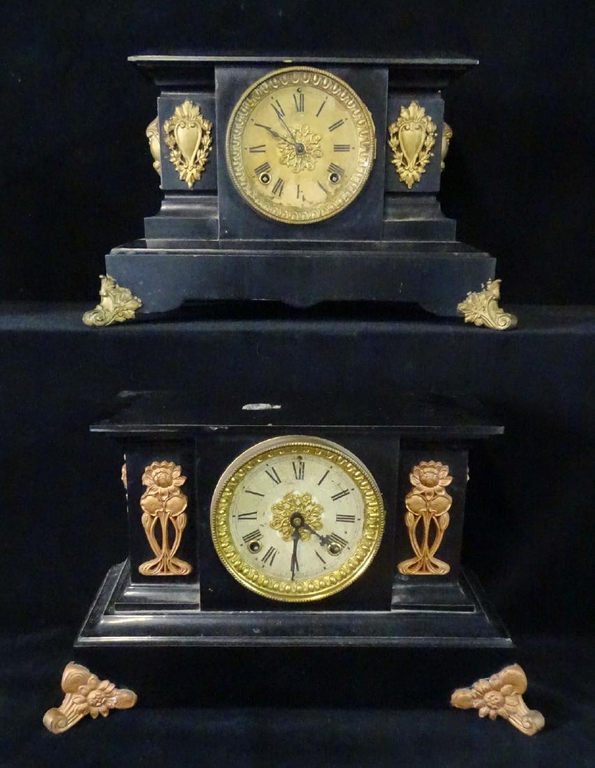 2 ANSONIA METAL MANTLE CLOCKS W/FLOWER MOTIF GILT METAL (1 of 7)