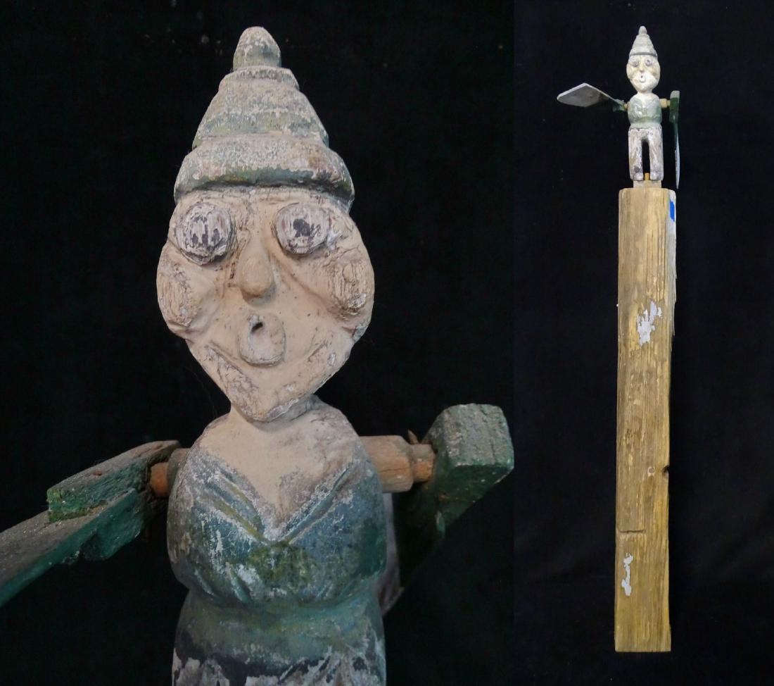 19TH C. FOLK ART WHIRLY GIG ON STAND: 19TH C. FOLK ART WHIRLY GIG ON STAND 51"H