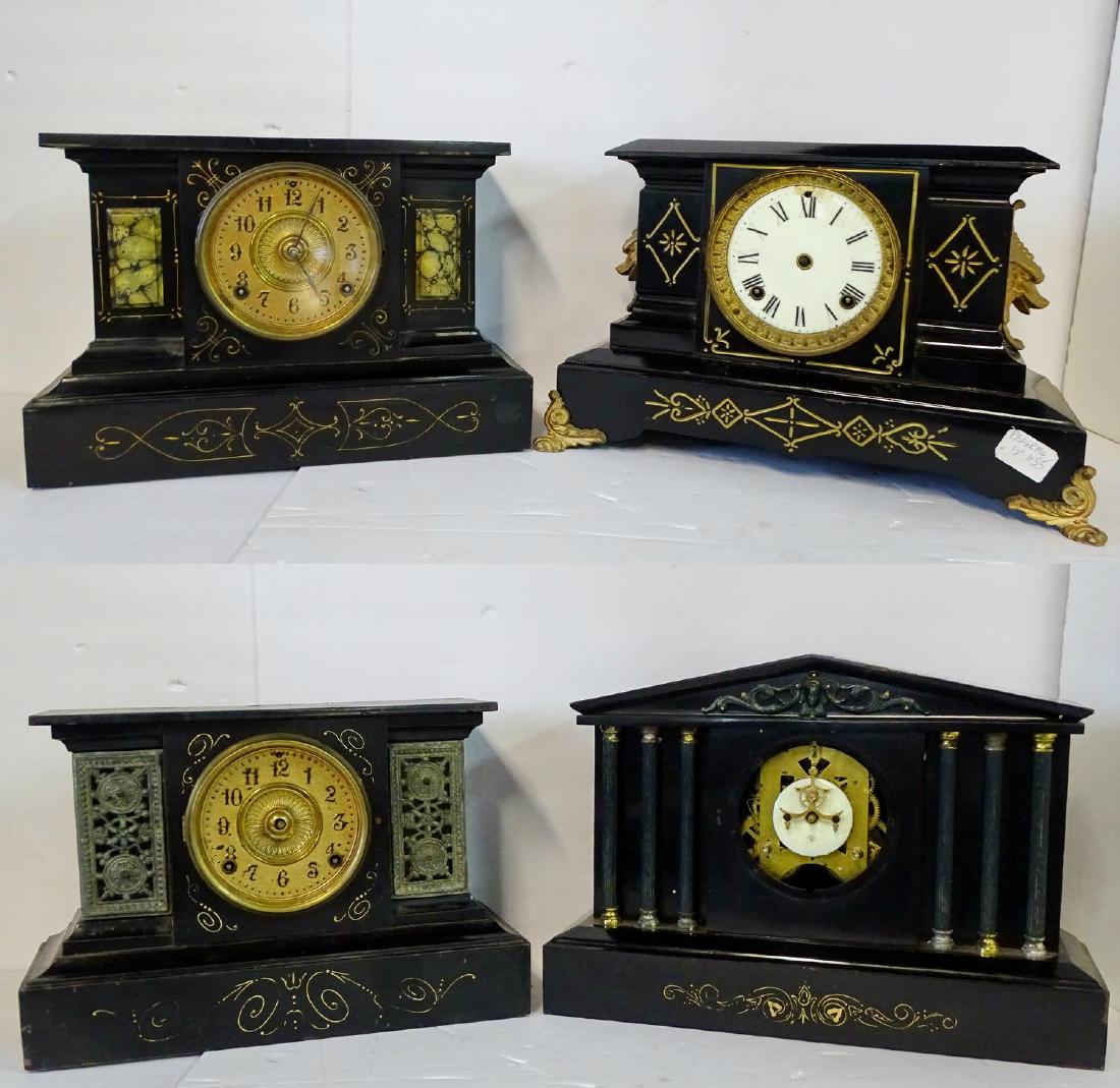 4 ANSONIA METAL MANTEL CLOCKS INC. (1) VENICE WITH FAUX: 4 ANSONIA METAL MANTEL CLOCKS INC. (1) VENICE WITH FAUX MARBLE & (1) PALERMO WITH LION FIGURAL MOUNTS 11.5"H 16.5"L 6"D
