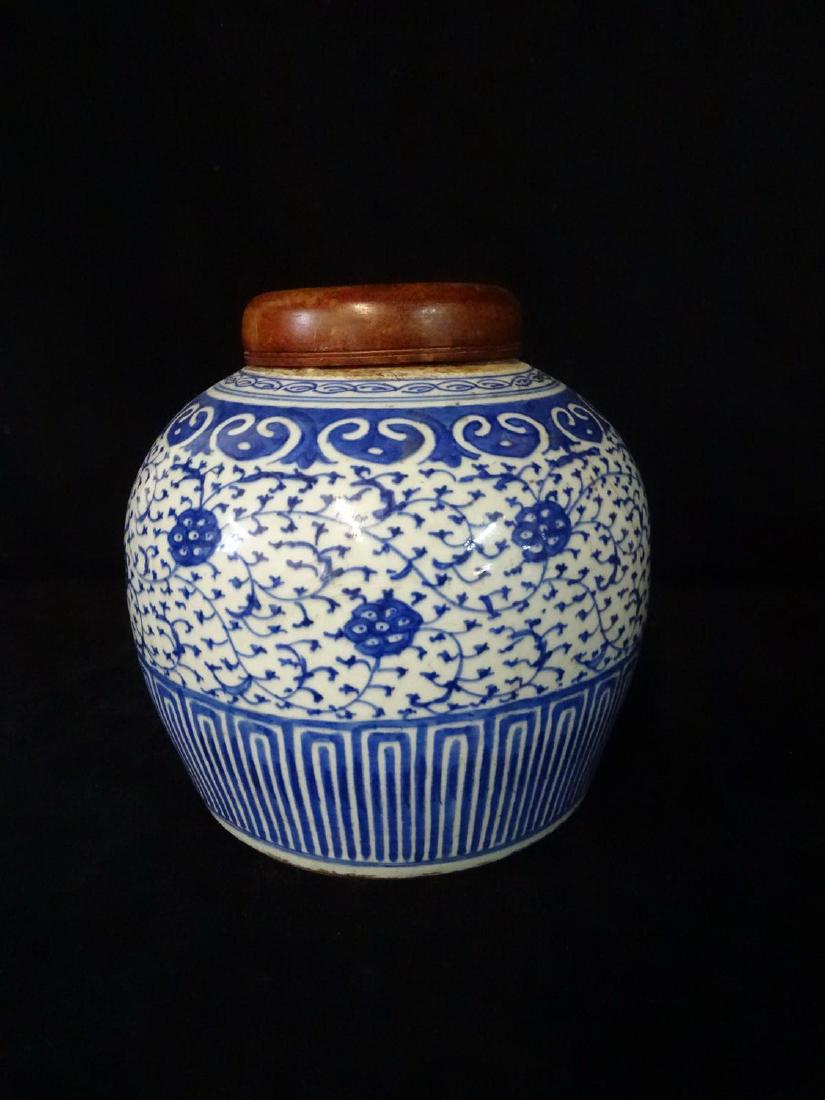 ASIAN BLUE & WHITE PORCELAIN GINGER JAR WITH WOOD LID: ASIAN BLUE & WHITE PORCELAIN GINGER JAR WITH WOOD LID 10"H 10" DIA.