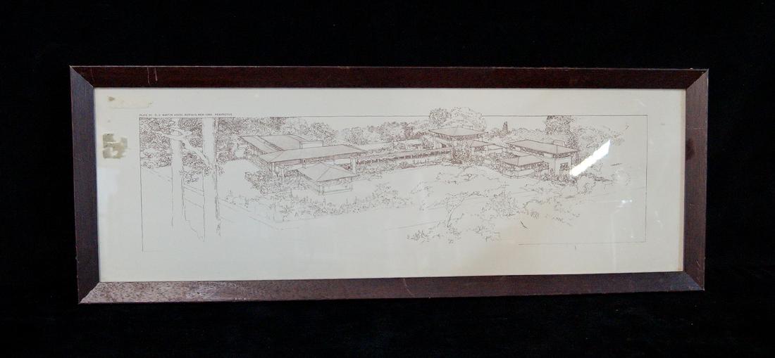 FRAMED FRANK LLOYD WRIGHT: FRAMED FRANK LLOYD WRIGHT LITHOGRAPH "D.D. MARTIN HOUSE, BUFFALO, NY" 8X25"