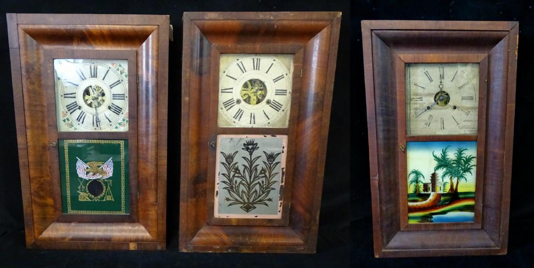 3 OGEE WEIGHT DRIVEN SHELF CLOCKS: 3 OGEE WEIGHT DRIVEN SHELF CLOCKS WITH REVERSE PAINTED TABLETS INC. NEW HAVEN, JEROME & L.S. HODGEKISS 28"H 17"L 4.5"D