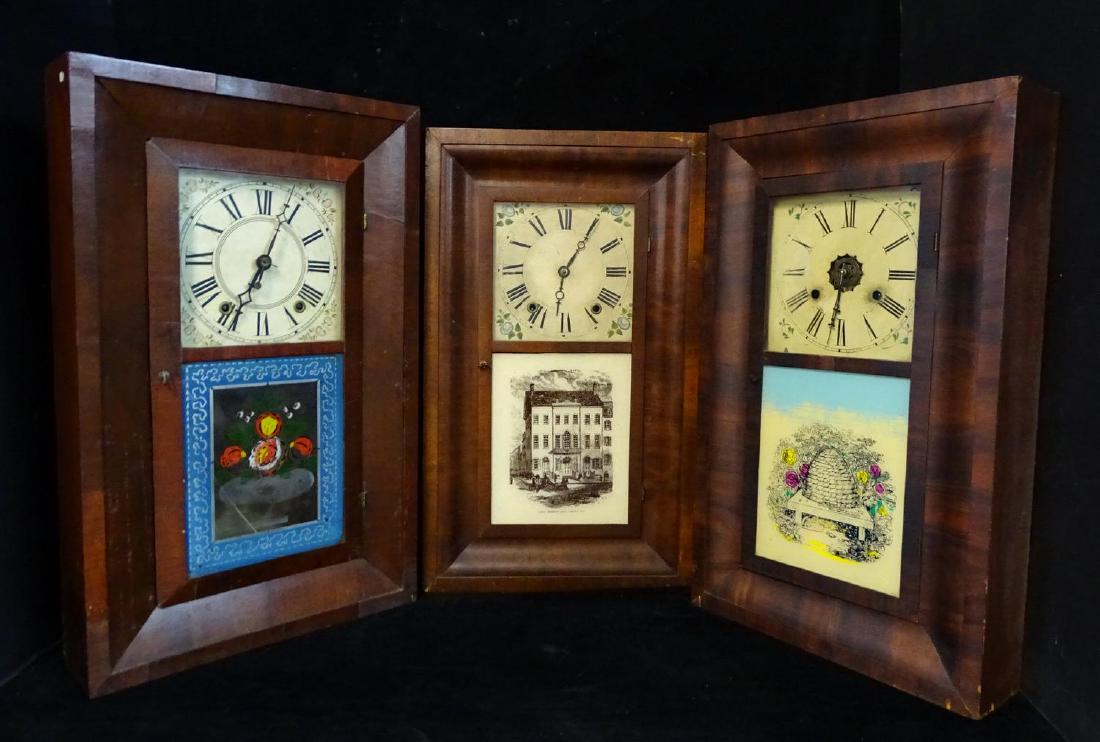 3 OGEE WEIGHT DRIVEN SHELF CLOCKS: 3 OGEE WEIGHT DRIVEN SHELF CLOCKS, 2 WITH REVERSE PAINTED. TABLETS INC. WELLS & GOODMAN, NEW HAVEN, BOARDMAN WELLS 26.5"H 16"W 4.5"D