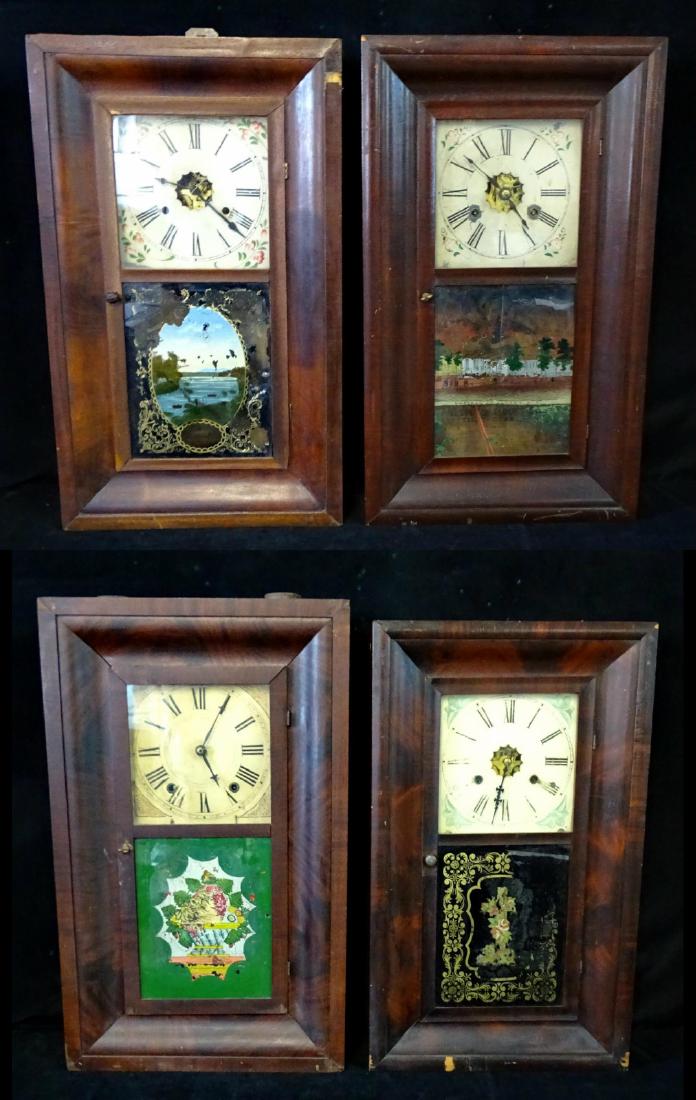 4 OGEE WEIGHT DRIVEN SHELF CLOCKS WITH REVERSE PAINTED: 4 OGEE WEIGHT DRIVEN SHELF CLOCKS WITH REVERSE PAINTED TABLETS INC. JEROME, FORESTVILLE, GOODWIN & HUMPHREY & BREWESTER & CO 27"H 16"W 5.5"D
