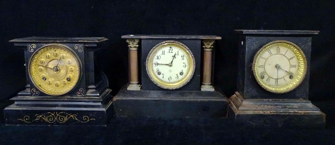 4 METAL MANTLE CLOCKS: WATERBURY, NEW HAVEN, ANSONIA: 4 METAL MANTLE CLOCKS: WATERBURY, NEW HAVEN, ANSONIA (AS IS) CONDITION 15" TALLEST