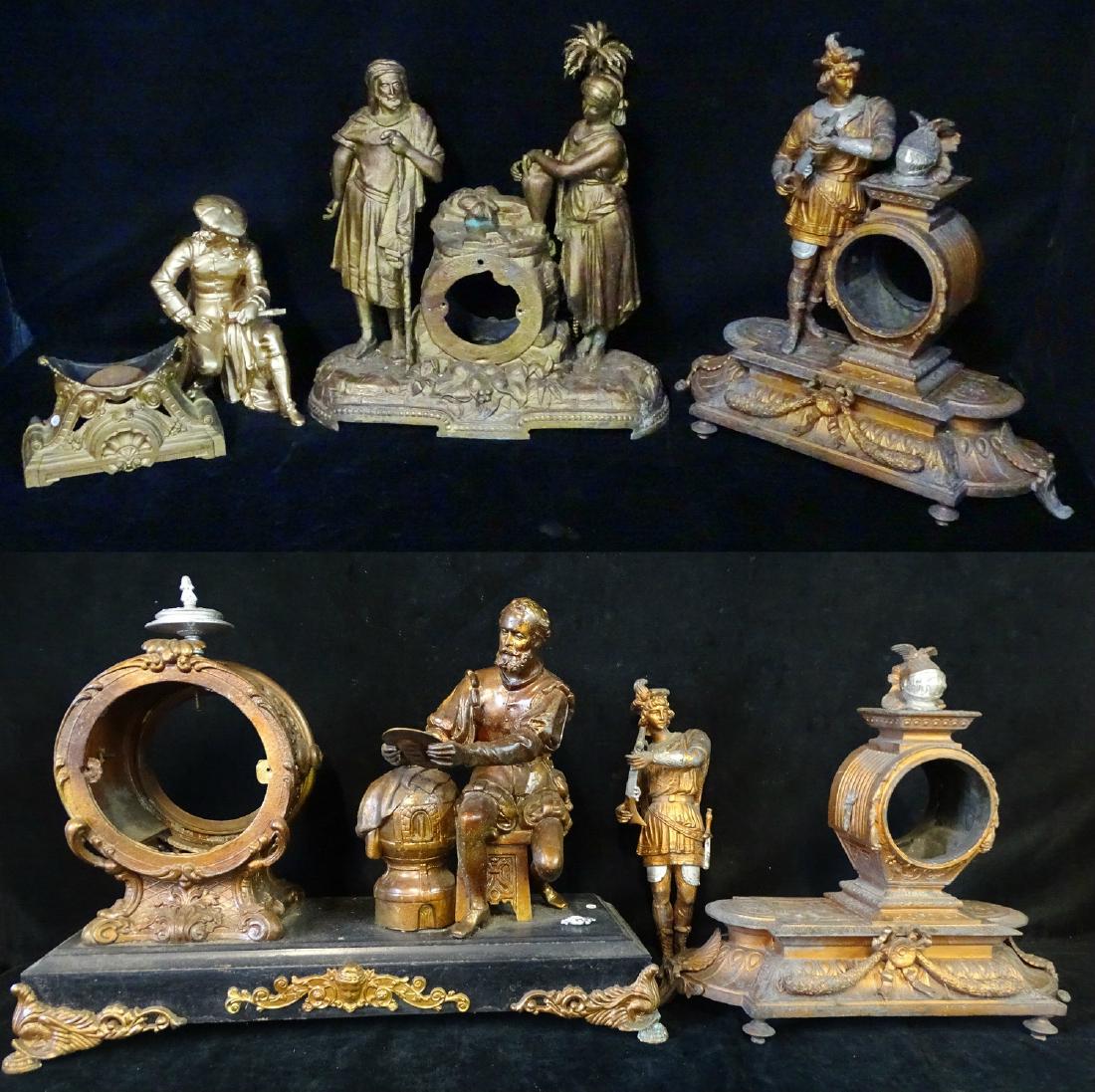 6 FIGURAL METAL CLOCK CASES & TOPPERS ETC.: 6 FIGURAL METAL CLOCK CASES & TOPPERS ETC. (AS IS CONDITION)