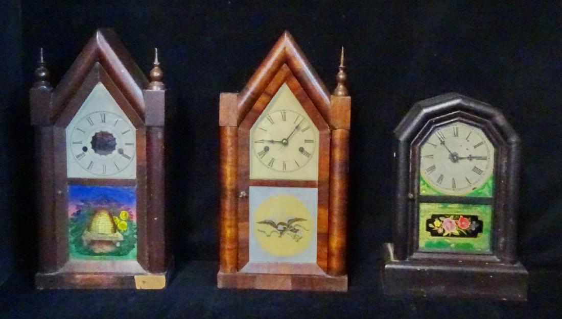 3 19TH C. SHELF CLOCKS W/REVERSE PAINTED TABLETS: 1: 3 19TH C. SHELF CLOCKS W/REVERSE PAINTED TABLETS: 1 MISSING WORKS 20" X 10" X 4"