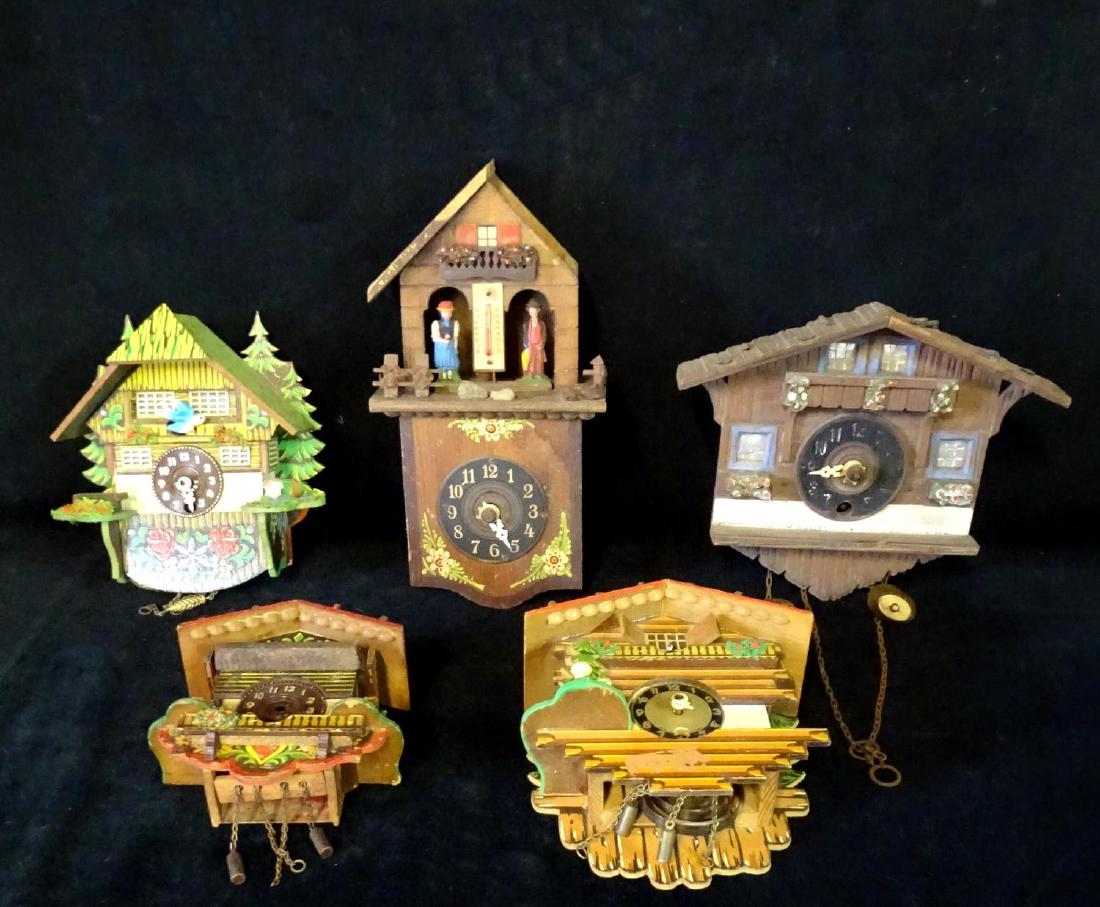 LOT 5 VINTAGE GERMAN NOVELTY CLOCKS: LOT 5 VINTAGE GERMAN NOVELTY CLOCKS 9.5" TALLEST