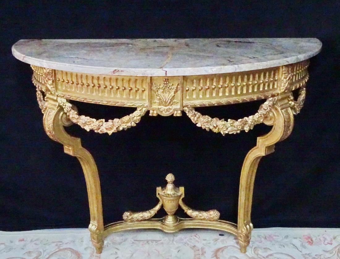 LOUIS XV STYLE CARVED GILT MARBLE TOP CONSOLE 38"H: LOUIS XV STYLE CARVED GILT MARBLE TOP CONSOLE 38"H 46.5"L 19"D