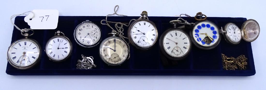 8 ASSORTED POCKET WATCHES: SQUIRE & SON, WALTHAM,: 8 ASSORTED POCKET WATCHES: SQUIRE & SON, WALTHAM, REVIEW, OMEGA, ETC.
