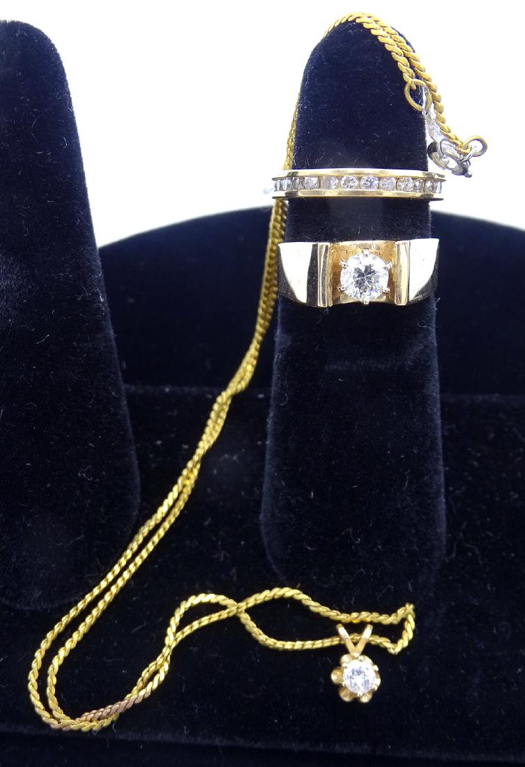 2 14KT GOLD & DIAMOND RINGS & NECKLACE WITH DIAMOND: 2 14KT GOLD & DIAMOND RINGS & NECKLACE WITH DIAMOND (1 CT TOT WT BOTH)