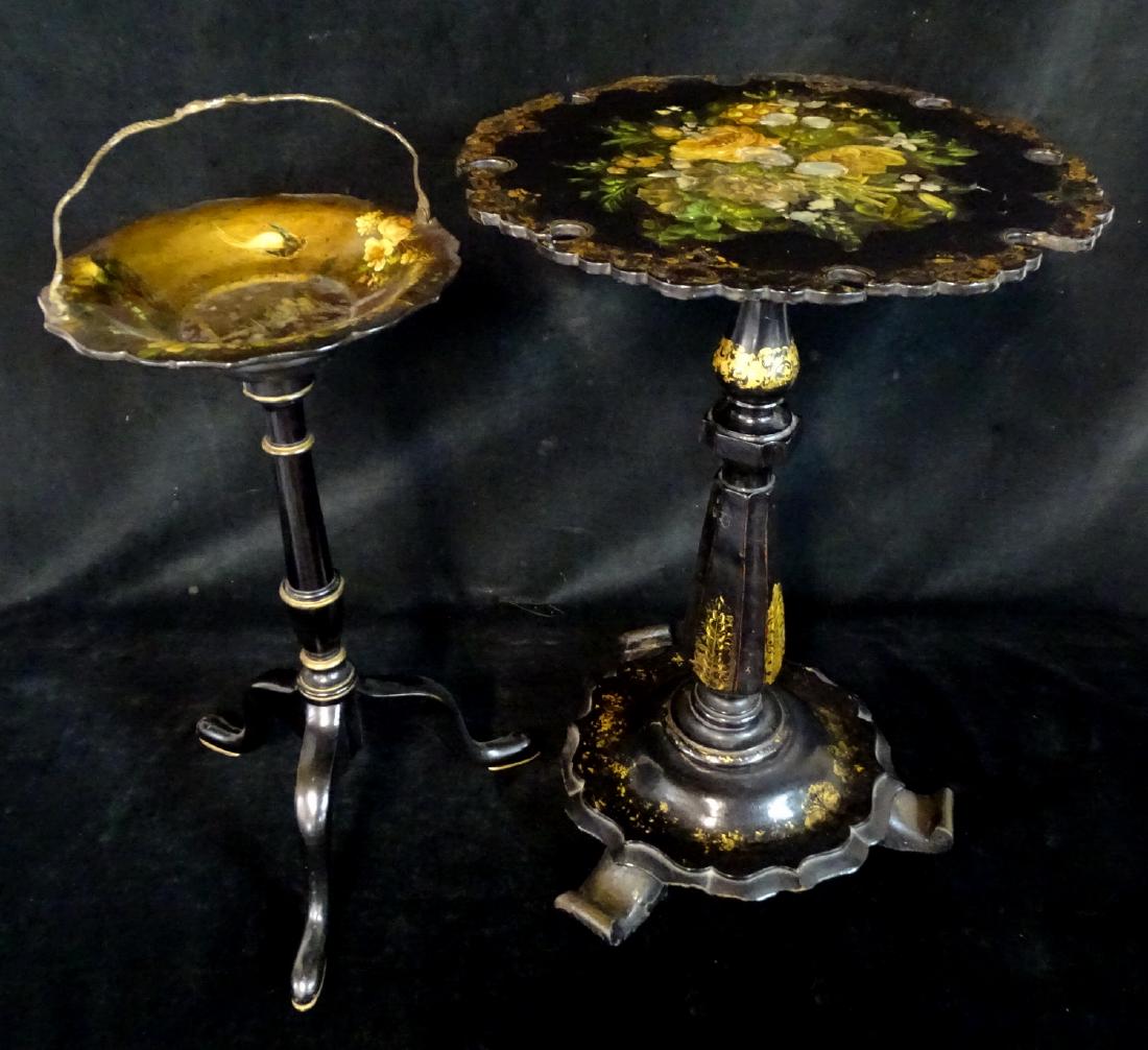 2 PAPIER MACHE & MOTHER OF PEARL INLAID STANDS: 2 PAPIER MACHE & MOTHER OF PEARL INLAID STANDS 22"H 15" DIA.