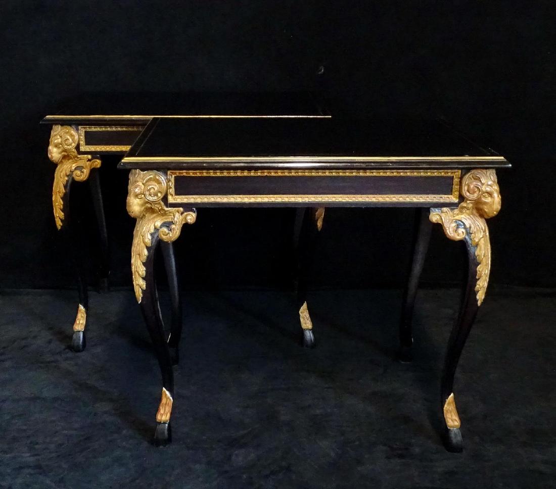 PR. RAMS HEAD FIGURAL TABLES: PR. RAMS HEAD FIGURAL PARCEL GILT BLACK LACQUER TABLES 27"H29.5"L 20"D