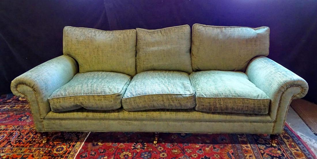 GEORGE SMITH GREEN UPHOLSTERED PILLOWBACK SOFA: GEORGE SMITH GREEN UPHOLSTERED PILLOWBACK SOFA 31"H 93"L 42"D