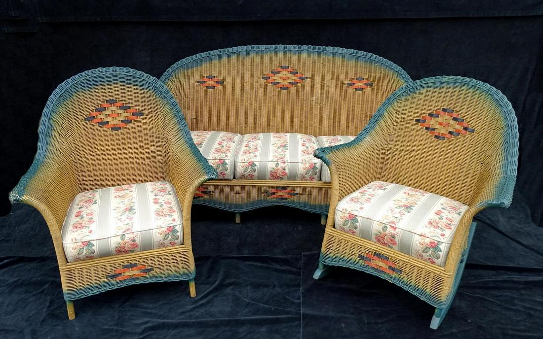 3 PC. ART DECO WICKER SET: 3 PC. ART DECO WICKER SET (SETTEE 36"H 70"W 24"D)