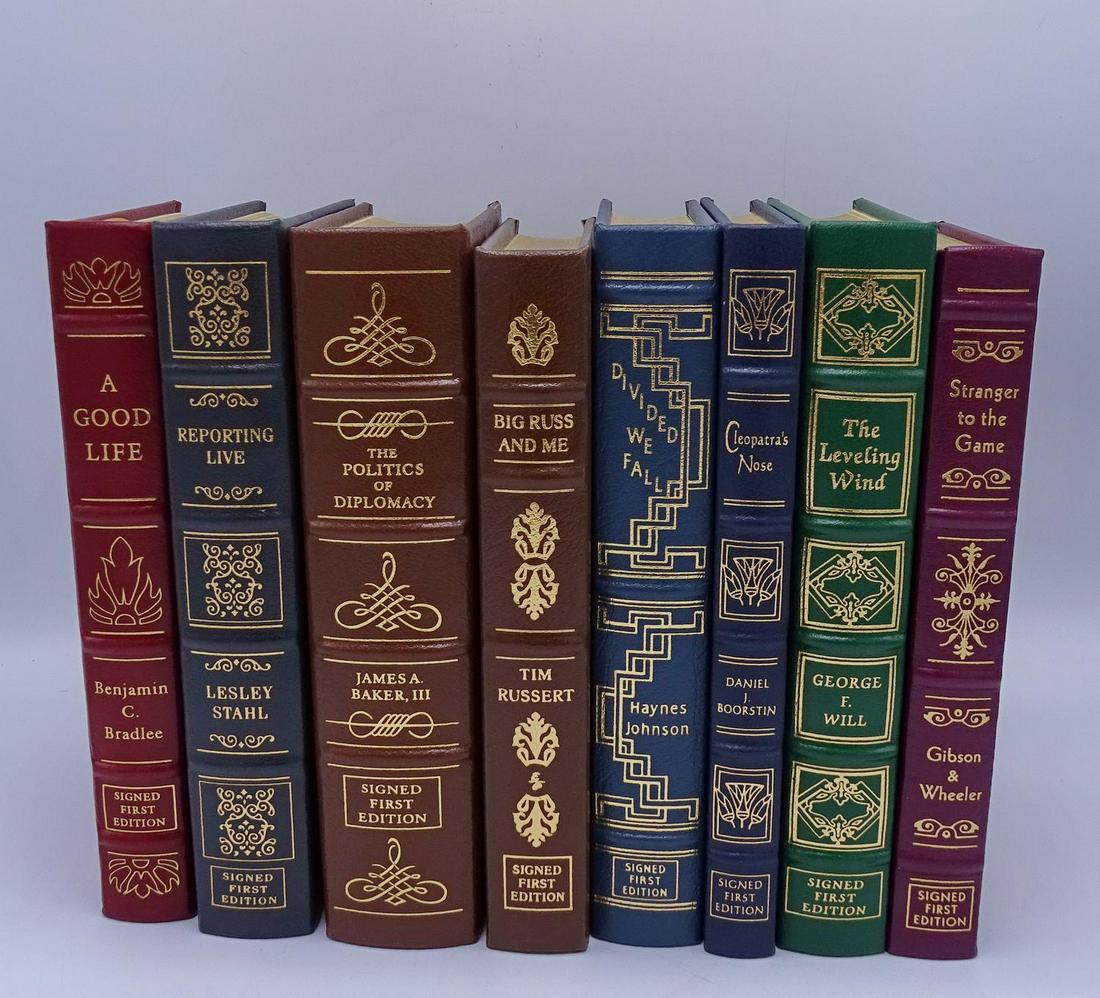 8 EASTON PRESS SGN. 1ST EDITION LEATHER BOUND BOOKS: 8 EASTON PRESS SGN. 1ST EDITION LEATHER BOUND BOOKS INC. BIG RUSS & ME - TIM RUSSERT, THE POLITICS OF DIPLOMACY - JAMES BAKER III, REPORTING LIVE - LESLEY STAHL, A GOOD LIFE - BENJAMIN C. BRADLEE, DIV