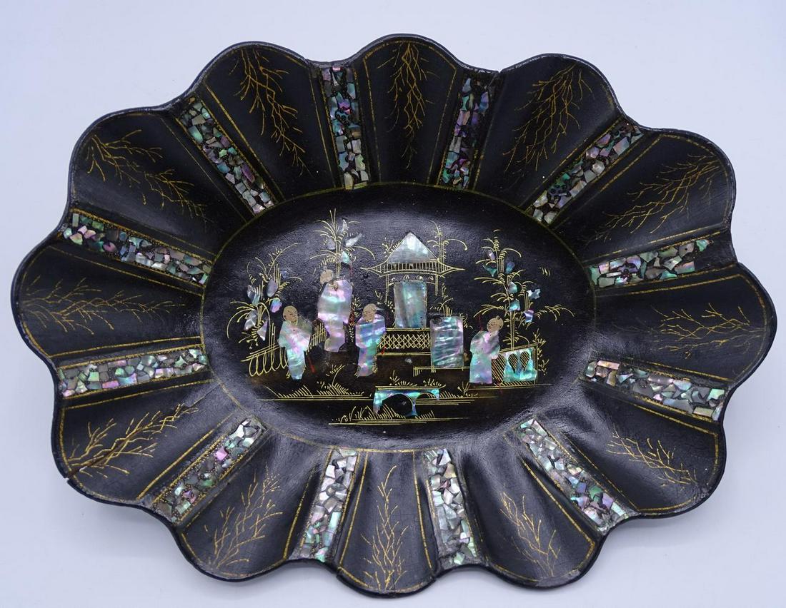 PAPIER MACHE MOTHER OF PEARL INLAID DISH: PAPIER MACHE MOTHER OF PEARL INLAID DISH 2"H 13"W 10"D