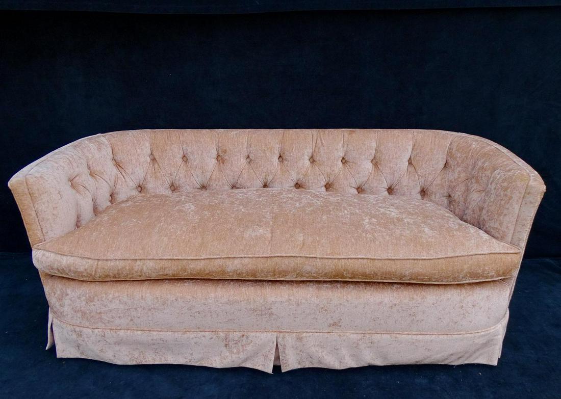 PINK UPHOLSTERED SETTEE: PINK CHENILLE UPHOLSTERED SETTEE 24"H 65"L 27"D