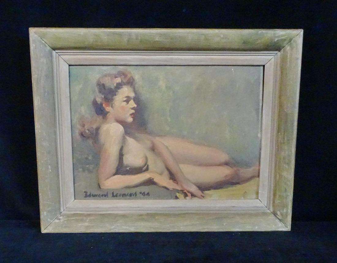 EDWARD LEONARD SGN. OIL ON BOARD RECLINING NUDE: EDWARD LEONARD SGN. OIL ON BOARD RECLINING NUDE 10X14"