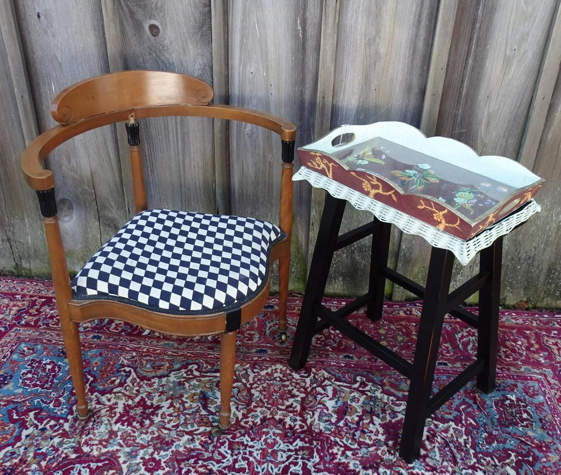 MACKENZIE CHILDS STYLE FURNITURE: MACKENZIE CHILDS STYLE DECORATED STOOL, SERVING TRAY & CORNER CHAIR