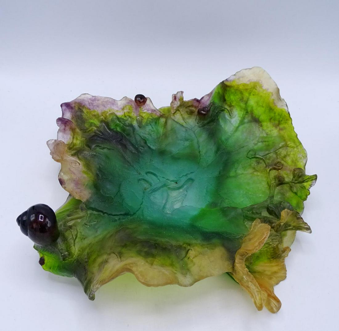 DAUM NANCY LEAF FORM ART GLASS DISH: DAUM NANCY LEAF FORM ART GLASS DISH 4"H 12"W 12"D (CHIPS)