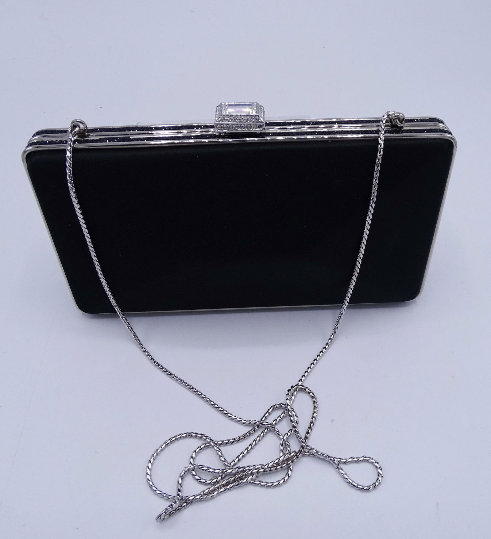 JUDITH LEIBER BLACK SATIN EVENING BAG: JUDITH LEIBER BLACK SATIN EVENING BAG 3.75"H 7.25"W