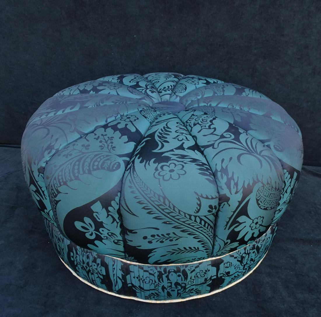 SILK UPHOLSTERED CIRCULAR POUF: SILK UPHOLSTERED CIRCULAR POUF 21"H 35" DIA.