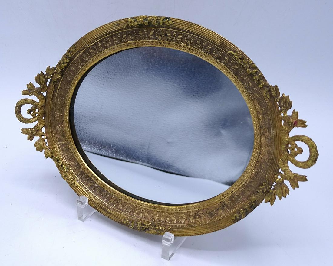 AUSTRIAN GILT BRONZE MIRRORED TRAY: AUSTRIAN GILT BRONZE MIRRORED TRAY WITH NEEDLE WORK
