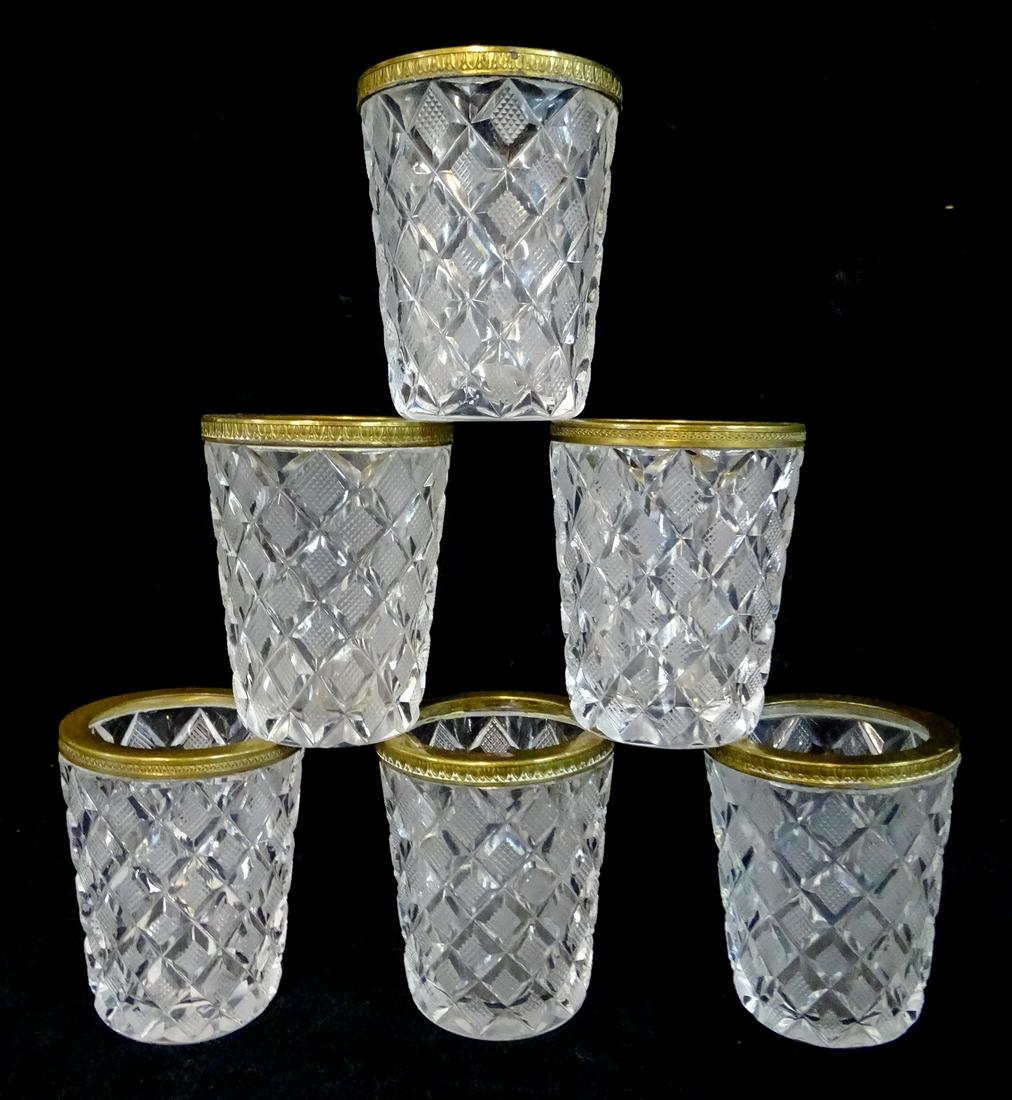 CUT CRYSTAL BRASS RIM MATCH HOLDERS (6): CUT CRYSTAL BRASS RIM MATCH HOLDERS (6)