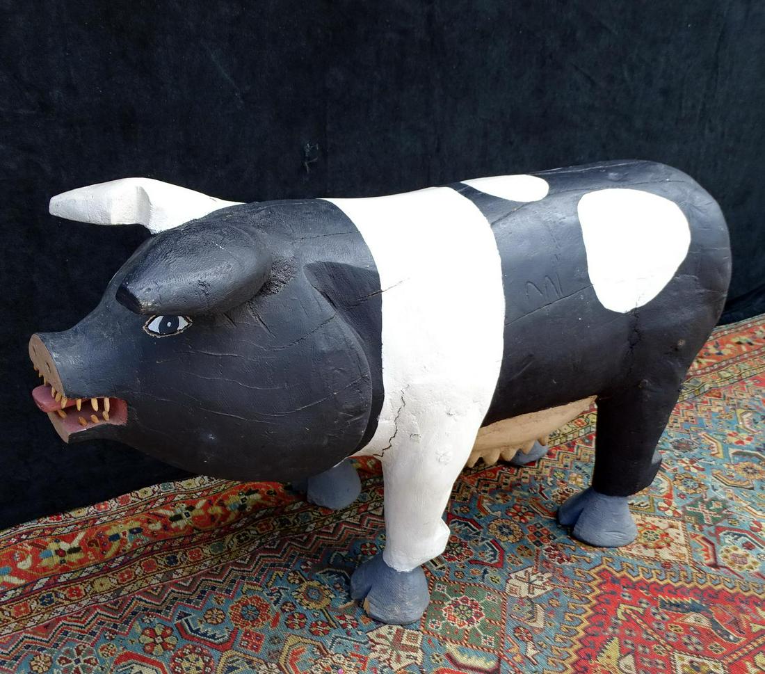 DAVID ALVAREZ FOLK ART CARVED & PAINTED PIG: DAVID ALVAREZ FOLK ART CARVED & PAINTED PIG 22"H 34"L