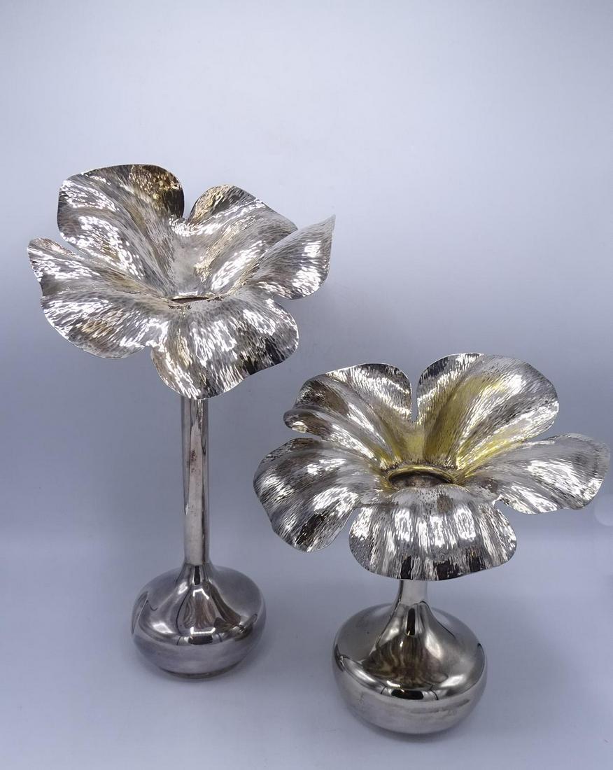 2 MARILENA MARIOTTO SILVERPLATE FLOWER VASES: 2 MARILENA MARIOTTO SILVERPLATE FLOWER VASES (ONE DENTED) 16.5"H TALLEST
