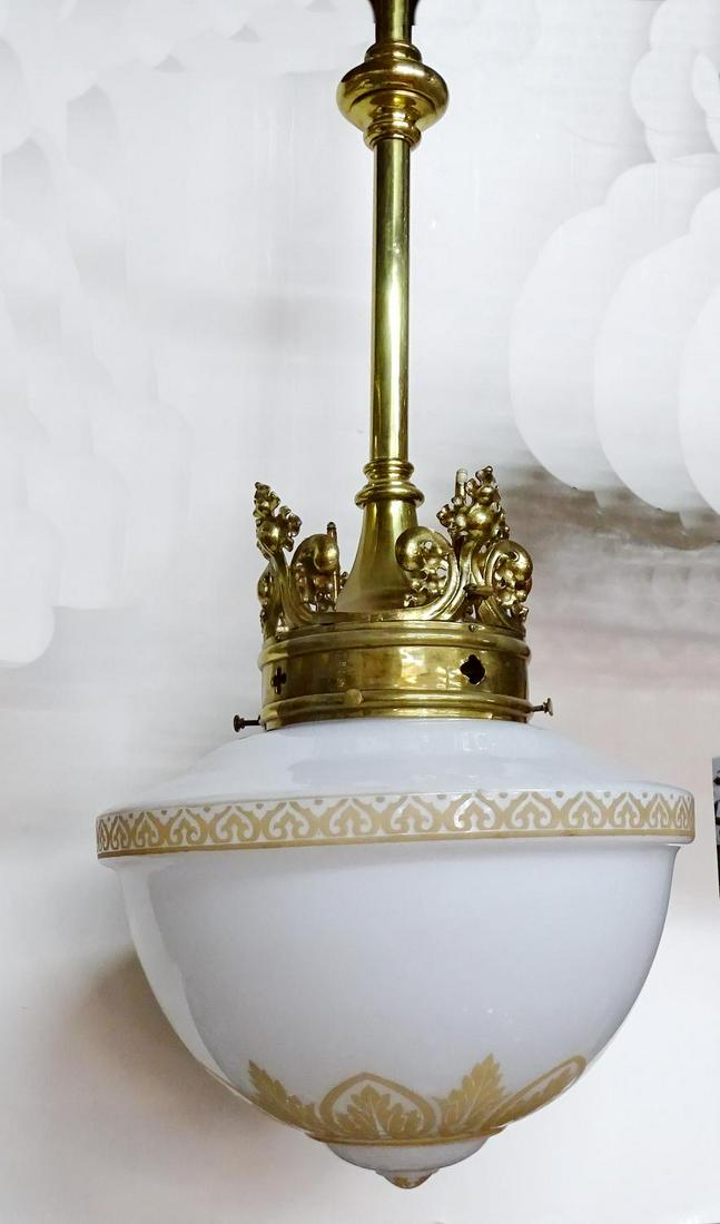 VICTORIAN BRASS GAS FIXTURE: VICTORIAN BRASS GAS FIXTURE WITH GLASS DECORATED DOME 48"H 18" DIA.