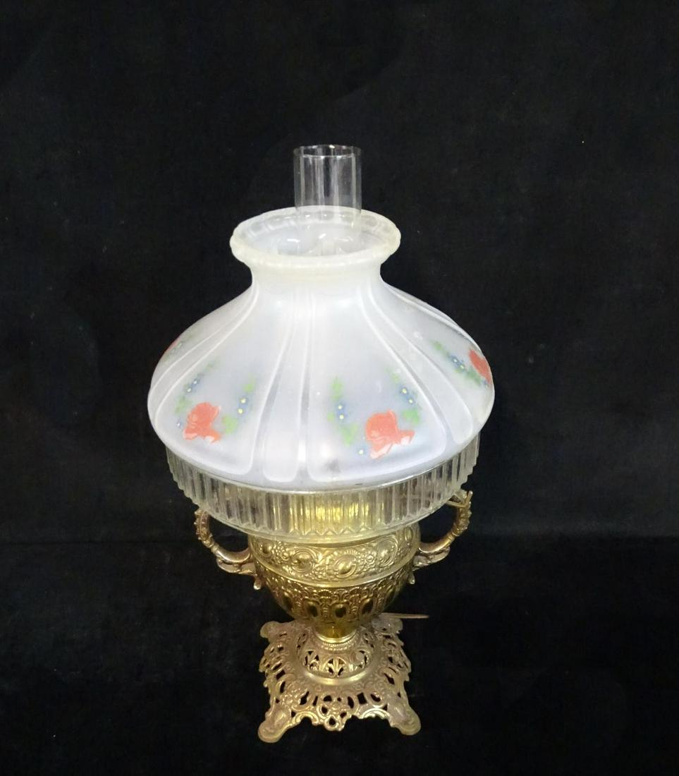 MILLER ORNATE BRASS OIL LAMP: MILLER ORNATE BRASS OIL LAMP WITH FROSTED & CLEAR GLASS SHADE 21"H