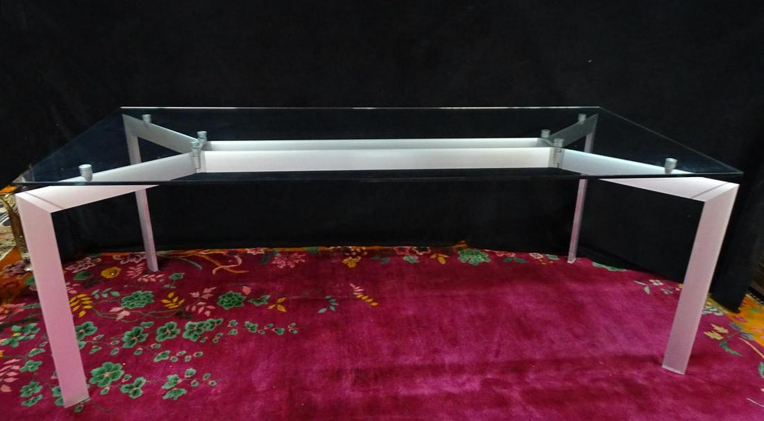 MAKIO HASUIKE DINING TABLE FOR SECCOSE: MAKIO HASUIKEGLASS & MATTE ALUMINUM DINING TABLE FOR SECCOSE ITALY (CHIP TO GLASS) 29"H 78.5"L 35.5"D