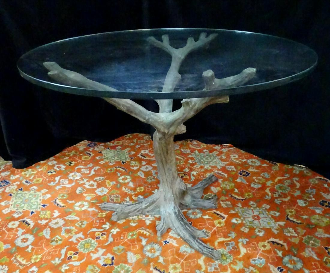 CONTEMPORARY BRONZE TREE FIGURAL DINING TABLE: CONTEMPORARY BRONZE TREE FIGURAL DINING TABLE WITH GLASS TOP 30"H 42" DIA.