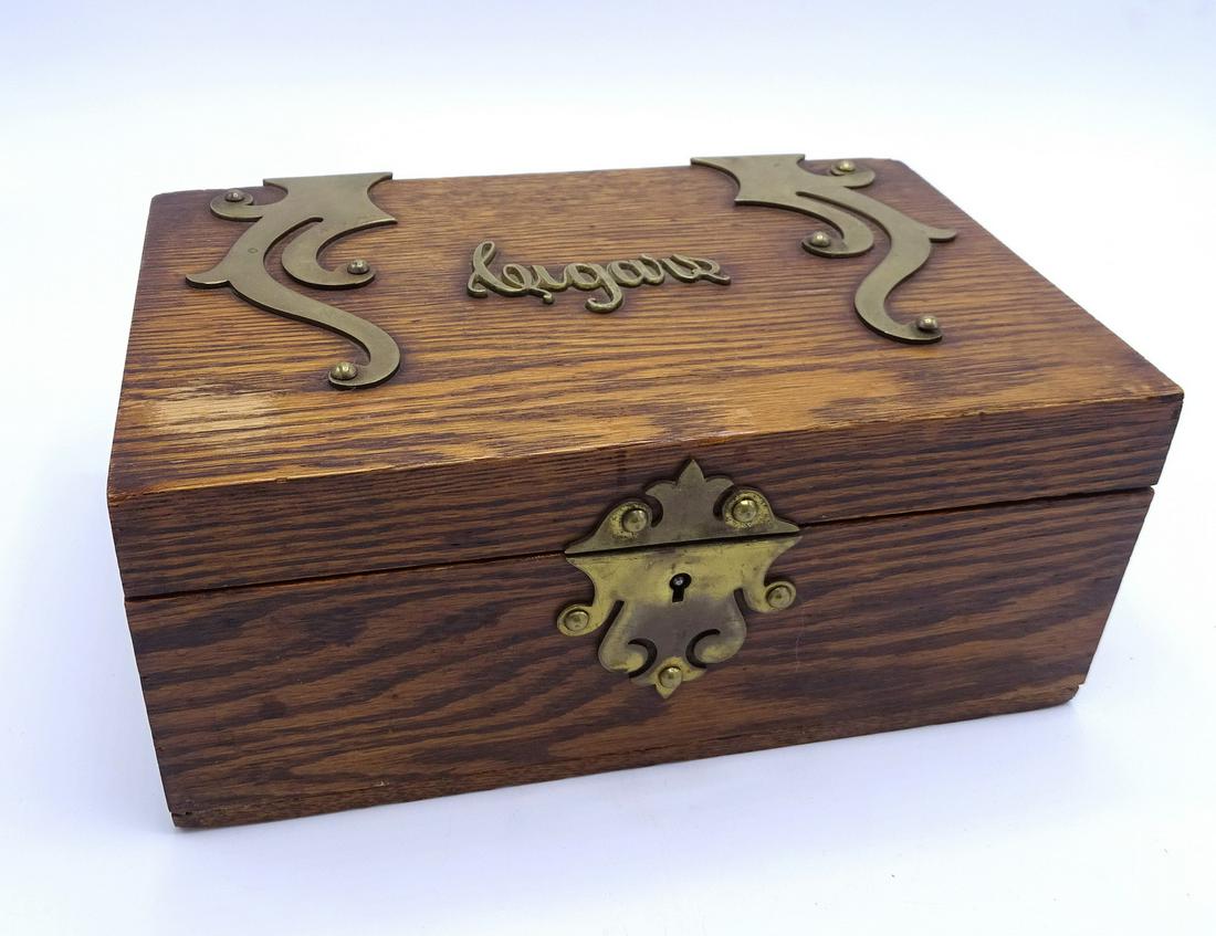 OAK BRASS BOUND CIGAR BOX: OAK BRASS BOUND CIGAR BOX 4.5"H 10"L 6"D