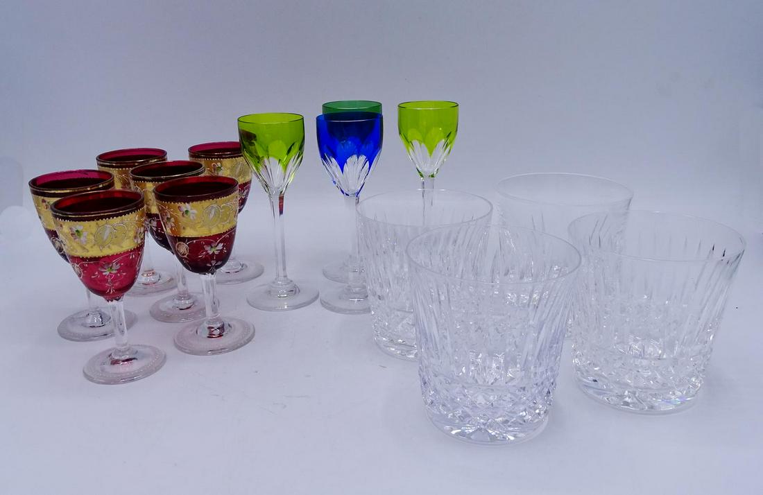 14 PCS CRYSTAl INC. BACCARAT: 14 PCS CRYSTAL: 4 BACCARAT CORDIALS, 6 RUBY CORDIALS & 4 WATERFORD TUMBLERS
